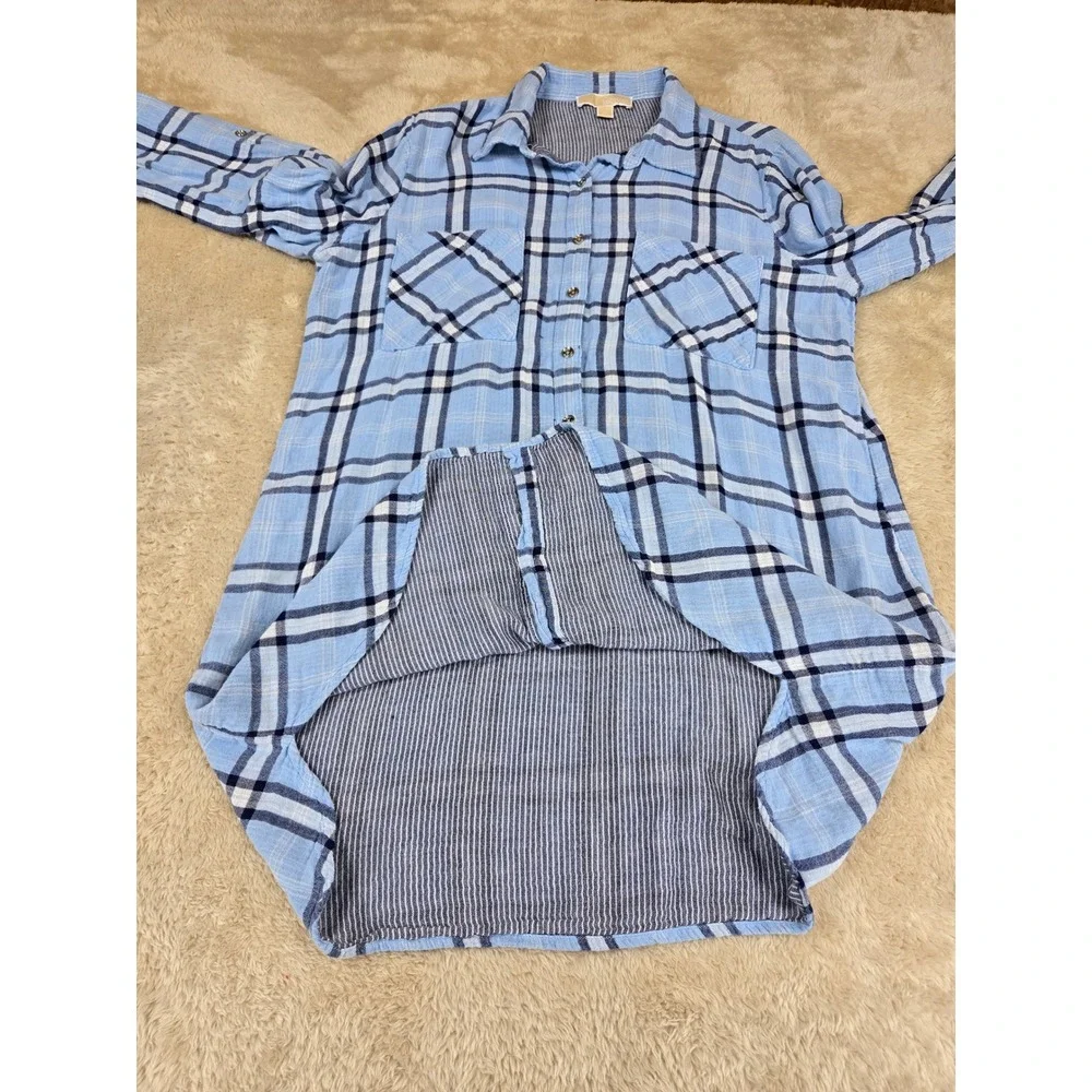 Michael Kors Blue Plaid‎ Long Sleeve Button Up Shirt Dress Tunic Size 12